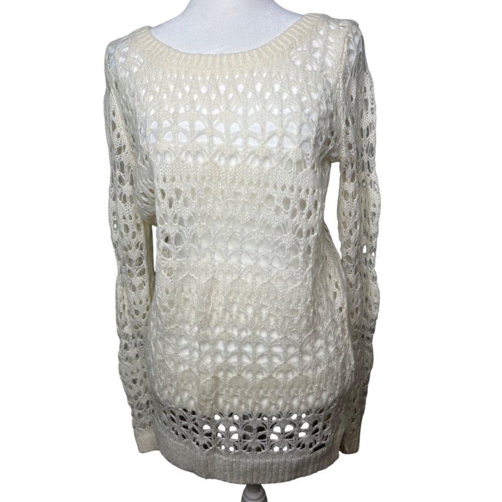 Hollister Women Wool Cream Long Sleeve Crochet Knit Sweater Medium
